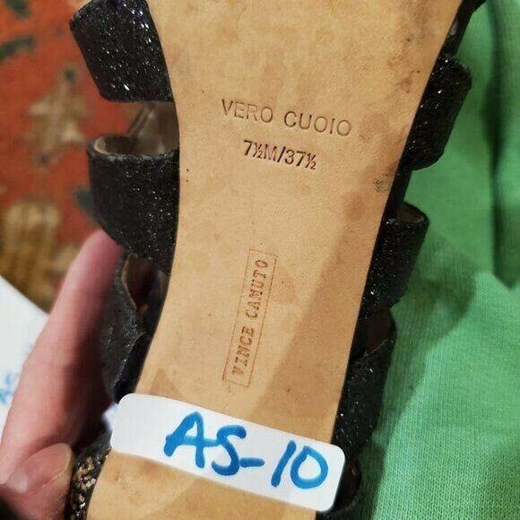 Vince Camuto Caged Heels 7.5 Black Leather Glitter Back Zip Bootie Shoe - Picture 9 of 11